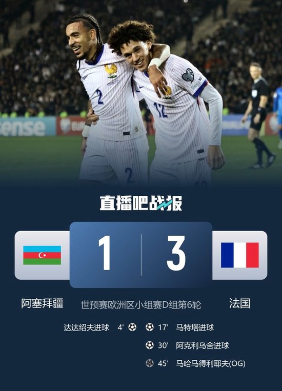 法国3-1阿塞拜疆小组第一晋级世界杯 古斯托两助攻马特塔破门