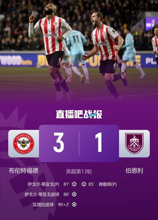 英超-布伦特福德3-1送伯恩利4连败 蒂亚戈双响瓦塔拉破门+造点