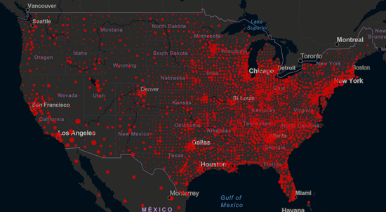  美国疫情地图 来源：约翰斯·霍普金斯大学
