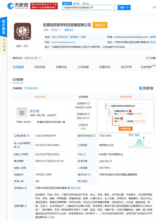 ▲权健自然医学的工商信息