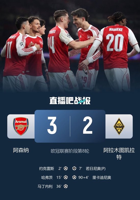 8战全胜！阿森纳3-2阿拉木图凯拉特直通16强 约克雷斯哈弗茨传射