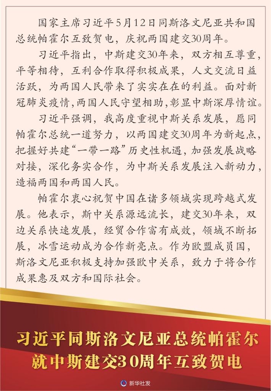 习近平同斯洛文尼亚总统帕霍尔就中斯建交30周年互致贺电