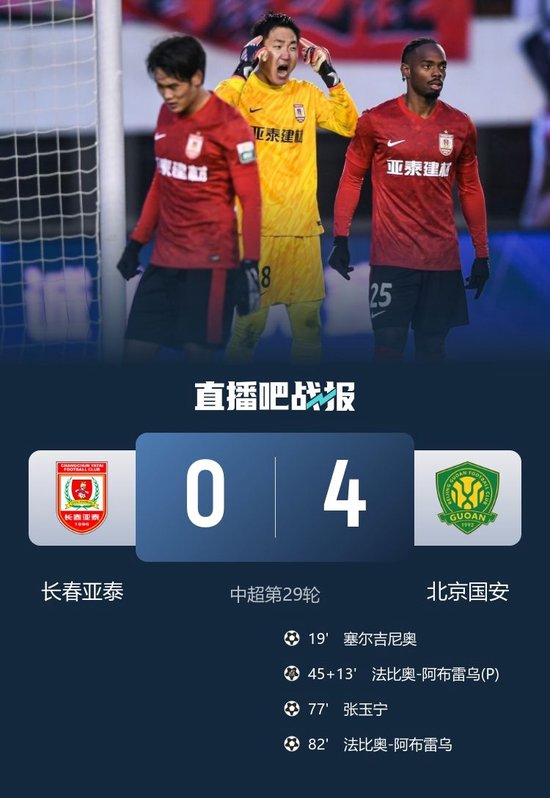 命悬一线！亚泰0-4国安先赛一场仍垫底 法比奥2射1传塞鸟弑旧主