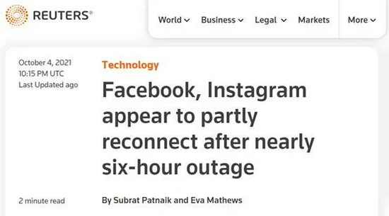  宕机近6小时之后，脸书、Instagram显示恢复部分正常  图：路透社报道截屏