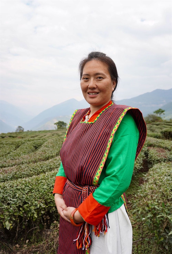  白玛曲珍在西藏墨脱县一茶园调研当地产业情况（2月20日摄）。新华社记者 王泽昊 摄