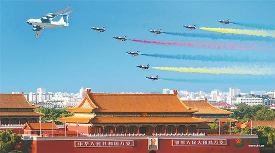△庆祝新中国成立70周年阅兵中的空军领队机梯队