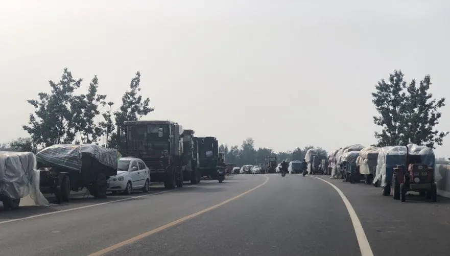 在傅庄村附近的一座高桥上，左右两边停靠满了村民装载粮食的车。因为这座桥地势高，粮食未受损。摄影/《财经》记者&nbsp;张明丽