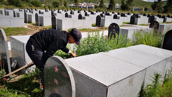 罗建国在烈士陵园拔草。（中央广播电视总台央广记者 夏恩博 摄）