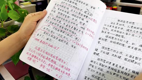 5月30日，陕西西安市，陕西师范大学御锦城小学四年级8班的班主任杨老师文图并茂点评学生作文。图/视觉中国