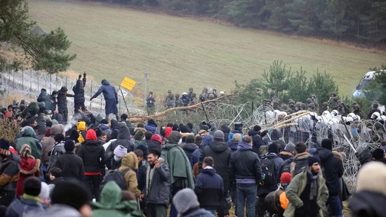 11月8日，在白俄罗斯格罗德诺地区，移民聚集在铁丝网附近，试图越过与波兰的边界。