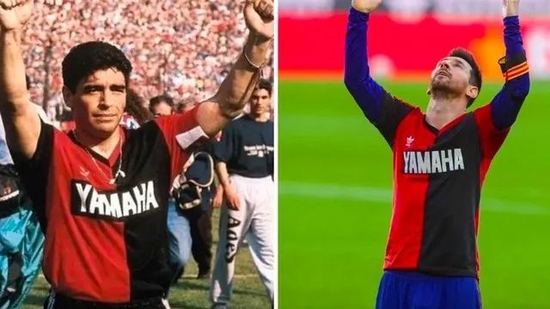  ·马拉多纳（左）去世不久，梅西穿着纽维尔老男孩俱乐部球衣向一代球王致敬。
