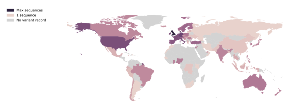 B.1.1.7序列计数图。即显示每个国家变体序列记录数量的地图，序列较多的国家以较深的颜色显示。图自PANGO lineages