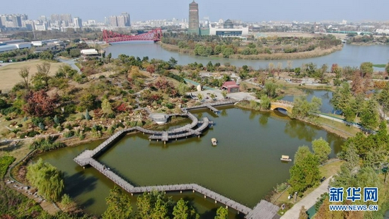 这是江苏省扬州市运河三湾生态文化公园景色（2020年11月14日摄，无人机照片）。新华社记者 季春鹏 摄