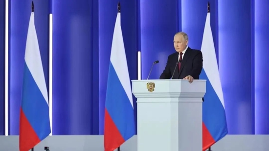 当地时间2月21日，俄罗斯总统普京在莫斯科商栈展览中心向联邦议会发表国情咨文