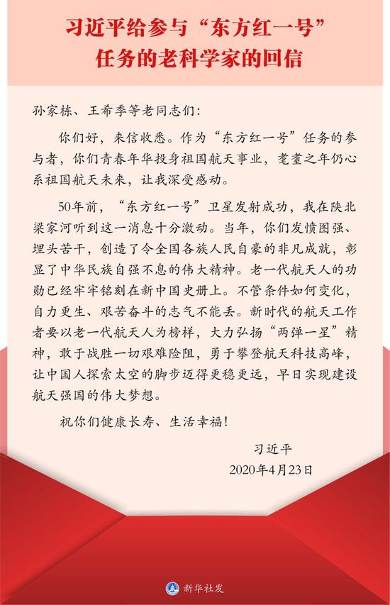  ↑2020年4月23日，习近平给参与“东方红一号”任务的老科学家回信。