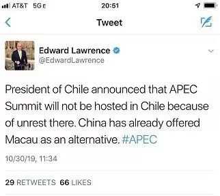 智利总统宣布因为骚乱不在智利举办APEC峰会，中国提议澳门作为备选