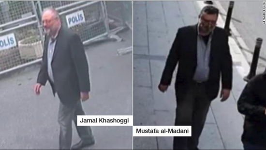 遇害的沙特记者卡舒吉（左），穿着卡舒吉衣服“乔装打扮”的沙特特工迈达尼（右）。（图源：CNN）