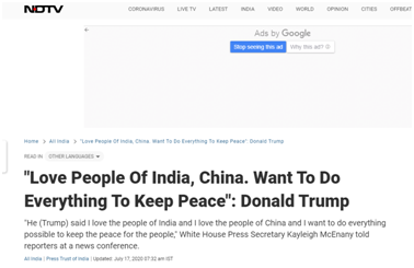 NDTV：特朗普说，“我爱印度人民，我爱中国人民，我愿意尽一切可能为他们维护和平”