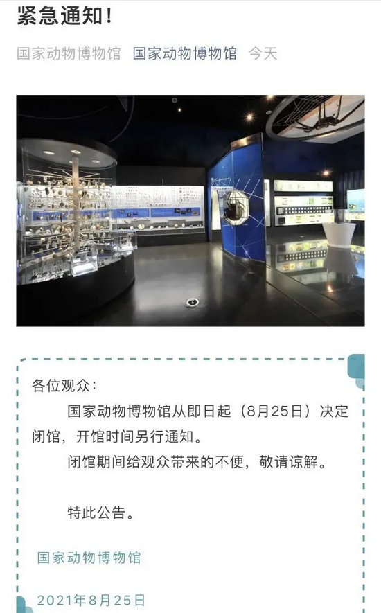 国家动物博物馆发布闭馆通知/来源于网络