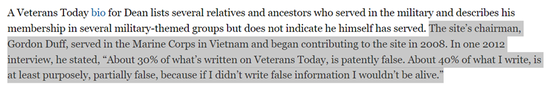 Politico Media上对于Veterans Today的主席戈登·达夫Gordon Duff发表该网站是假新闻的言论