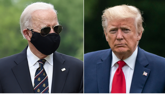 戴口罩的拜登和未戴口罩的特朗普。/CNN截图