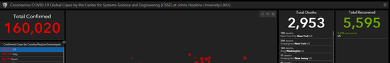 美国约翰斯·霍普金斯大学发布的实时统计数据截图
