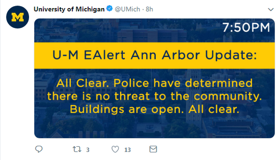  经过警方调查后，密歇根大学解除了警报。（社交平台）