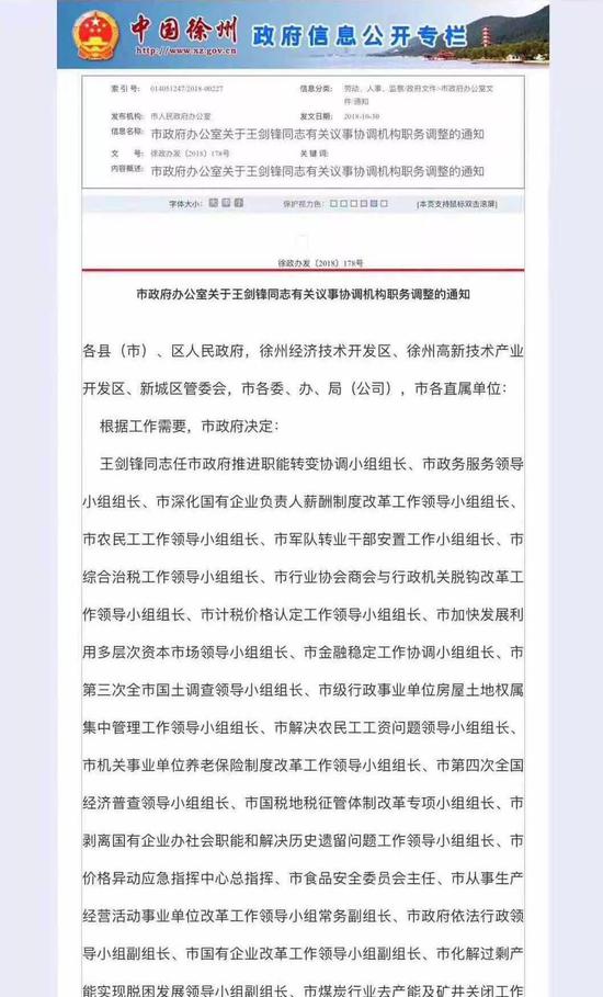 徐州市人民政府网站发布的王剑锋在相关议事协调机构的任职情况