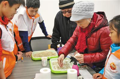 昨日,国际志愿者日主题活动现场,孩子们体验“一平米菜园”种豆芽。摄影/新京报记者 郑新洽