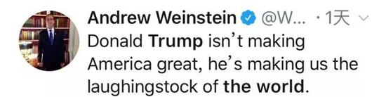  （美国网友称，“特朗普没有让美国变得伟大，而是让美国成为世界的笑柄”）