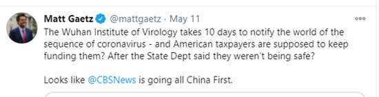 (图为马特·盖茨今年5月为帮特朗普当局推卸防疫失职的责任而编造谣言攻击中国和福奇的内容)