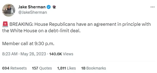 美媒：美国白宫和共和党谈判代表已就债务上限问题达成初步协议_新闻