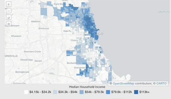 2019年芝加哥各地区家庭年收入中位数示意图。 图片来源:DATAUSA