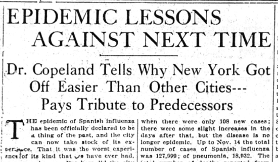 科普兰1918年11月17日接受《纽约时报》采访宣传纽约“成功经验”。