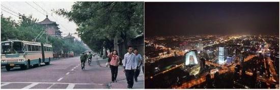 1983年的北京与现今的北京夜景(右)