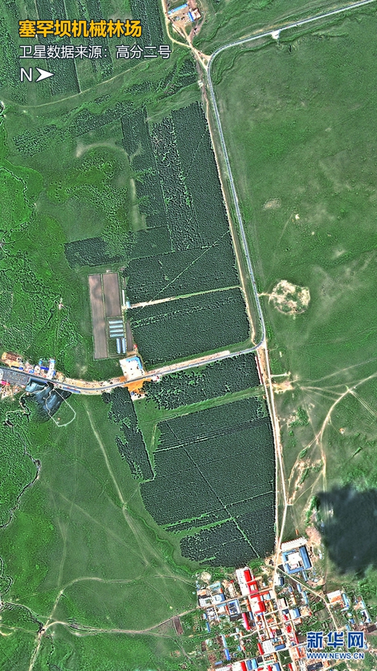 卫星视角下的塞罕坝机械林场，一排排整齐的机械林分布其间。卫星数据来源：高分二号