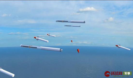 导弹飞抵美军航母编队上空后解体，将推进器与无人机、战斗部分离。