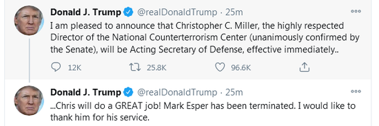 环球网|特朗普:防长埃斯珀职务已被终止 米勒将任代理防长