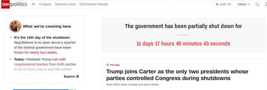 美国CNN官网对美国当局片面关门时间进走计时。(图源:CNN)