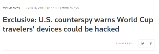  ▲美国反间谍机构警告去看世界杯的游客：设备可能被黑客袭击 （via Reuters）