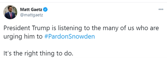 (图为马特·盖茨今天呼吁特赦斯诺登的贴文)