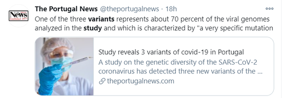 葡萄牙发现了3种新冠病毒新变种。/《葡萄牙新闻报》报道截图