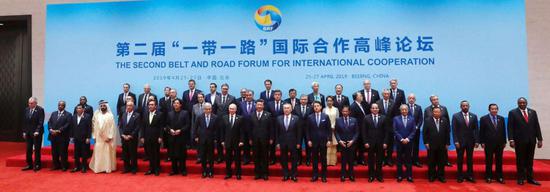 2019年4月27日，第二届“一带一路”国际合作高峰论坛举行圆桌峰会前的合影（图源：新华社）