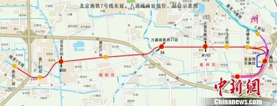 北京轨道交通八通线南延及7号线东延示意图。北京市轨道交通建设管理有限公司供图