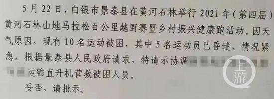 ▲遭遇极端天气,参赛人员被困,当地申请用直升机营救的请示文件一部分内容。图片来源/网络