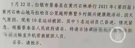 ▲遭遇极端天气，参赛人员被困，当地申请用直升机营救的请示文件一部分内容。图片来源/网络