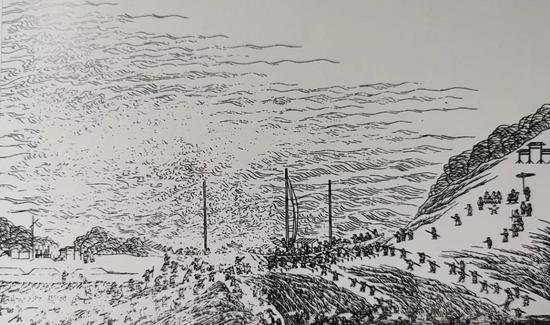 △清末黄河抢险与堵口,仍然采用传统的埽工技术。图中描绘了当时的抢险场景。(黄河博物馆提供)