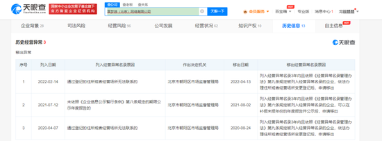 天眼查显示享梦游旗下几家公司有“历史经营异常”记录