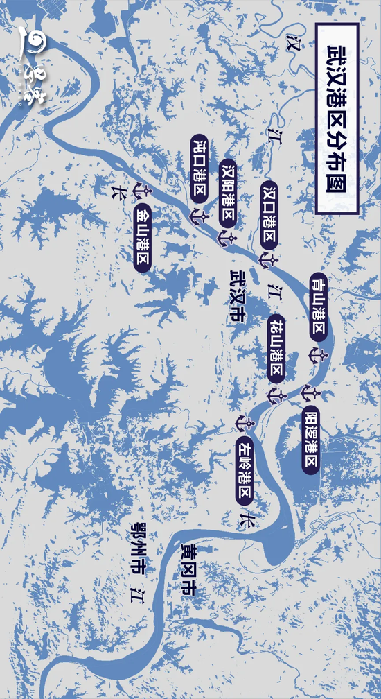 ▲武汉港区分布图，从图中可见沿江港区星罗密布。