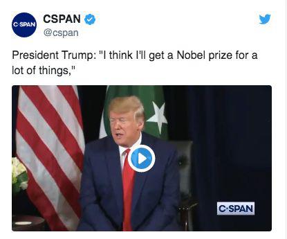  特朗普自认为可获诺贝尔和平奖/推特截图